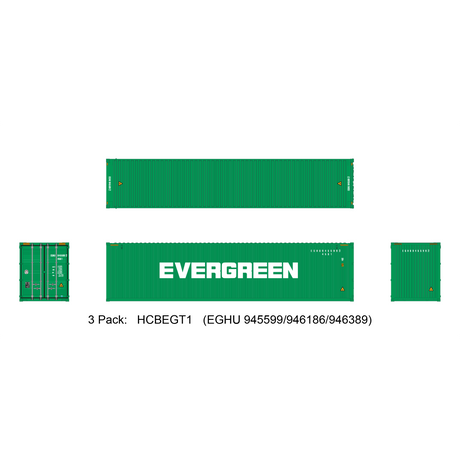 Aurora Miniatures HO 40ft Containers 3 Pack Evergreen (EGHU 945599/946186/946389) - Fusion Scale Hobbies