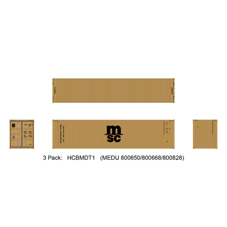 Aurora Miniatures HO 40ft Containers 3 Pack MSC Ochre (MEDU 800650/800668/800828) - Fusion Scale Hobbies