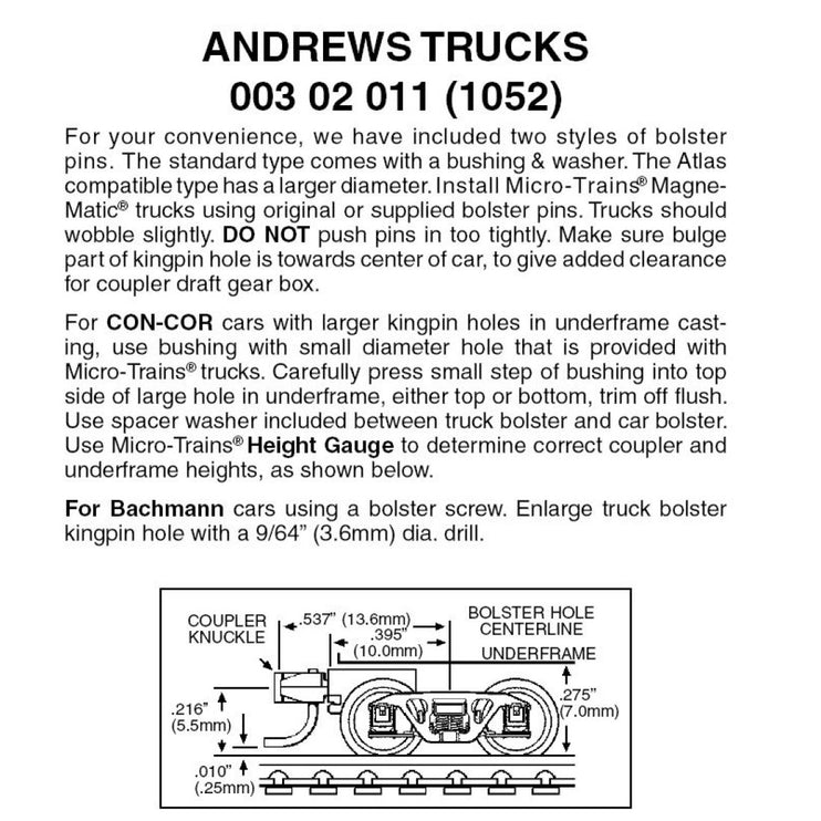 Micro Trains N Scale Andrews Trucks with Short Extension Magne-Matic Couplers 1052