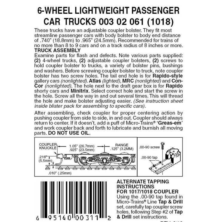 Micro Trains N Scale 6-Wheel Lightweight Passenger Car Trucks 1018