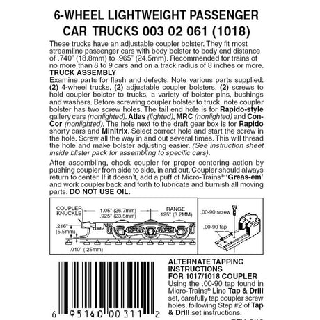 Micro Trains N Scale 6-Wheel Lightweight Passenger Car Trucks 1018