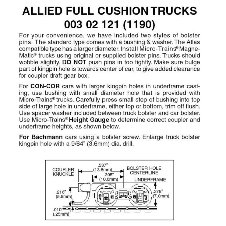 Micro Trains N Scale Allied Full Cushion Trucks with Short Extension Magne-Matic Couplers 1190