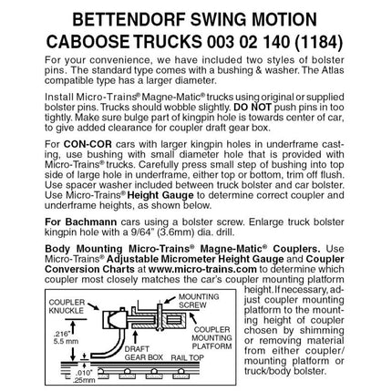 Micro Trains N Scale Bettendorf Swing Motion Caboose Trucks without Couplers 1184