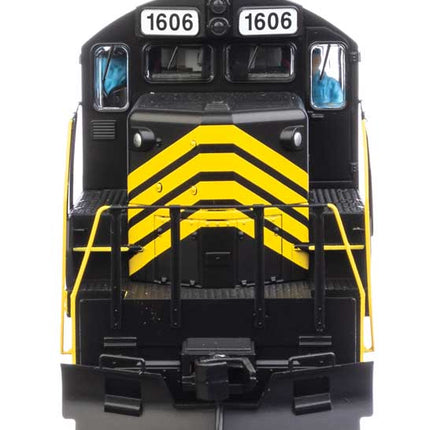 Walthers Mainline HO Scale EMD GP9 Phase II Chopped Nose ESU LokSound Leased Unit #1606 (black w/yellow stripes numbered unlettered)