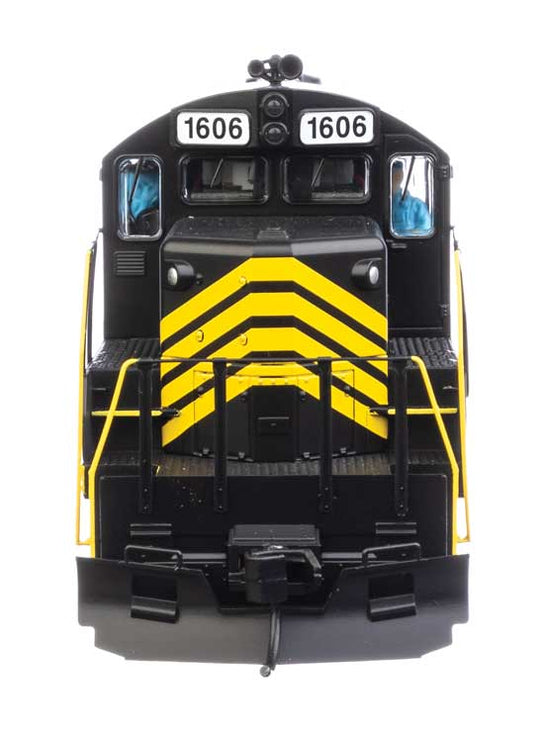 Walthers Mainline HO Scale EMD GP9 Phase II Chopped Nose ESU LokSound Leased Unit #1606 (black w/yellow stripes numbered unlettered)