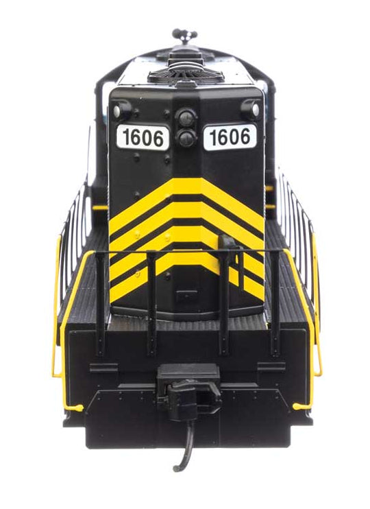 Walthers Mainline HO Scale EMD GP9 Phase II Chopped Nose ESU LokSound Leased Unit #1606 (black w/yellow stripes numbered unlettered)