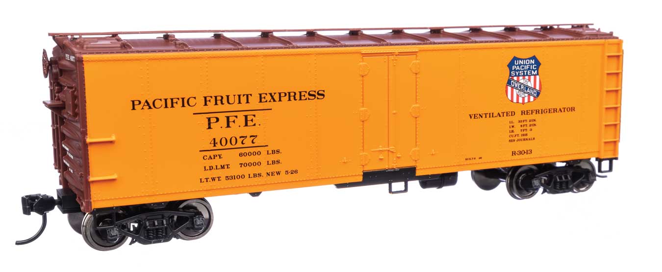 Walthers Mainline HO Scale Pacific Fruit Express #40077 Overland logo 40' Steel Reefer with Dreadnaught Ends