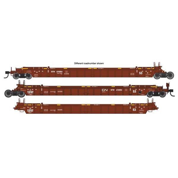 Walthers Mainline HO NSC Articulated 3-Unit 53' Well Car Canadian National GTW #676102 (brown, white)