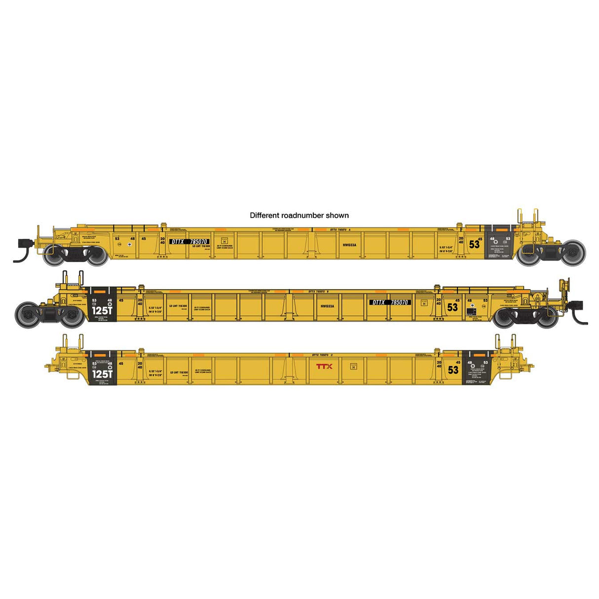 Walthers Mainline HO NSC Articulated 3-Unit 53' Well Car TTX DTTX #785070 (yellow)