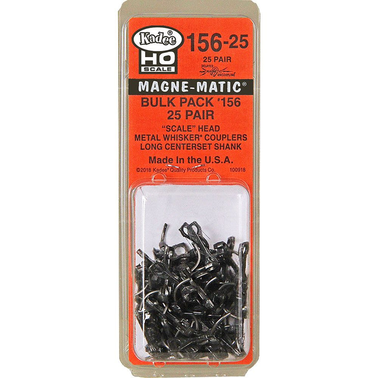 Kadee #156-25 HO Scale Bulk Pack 25 pair #156 Scale Whisker Metal Couplers Long (25/64") Centerset Shank