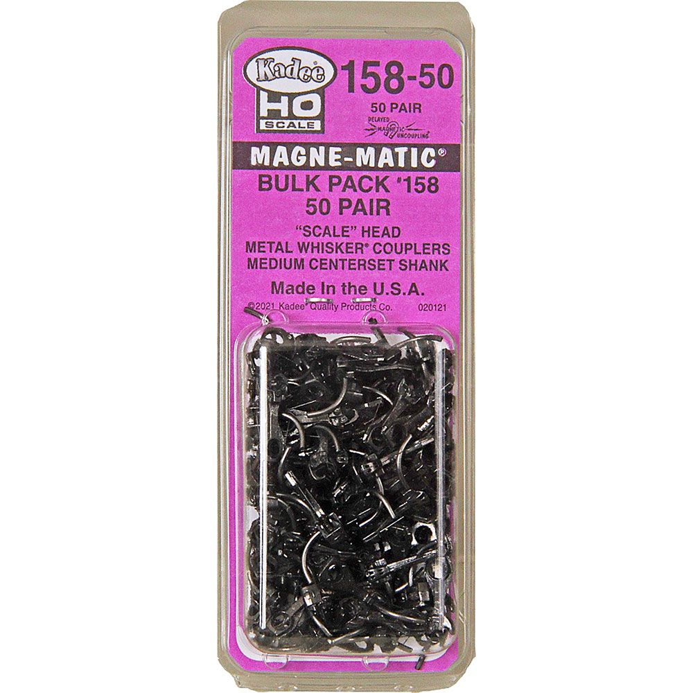 Kadee #158-50 HO Scale Bulk Pack - 50 pair #158 Scale Whisker Metal Couplers - Medium (9/32) Centerset Shank"