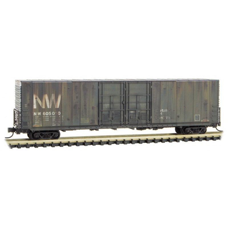 Micro Trains Line N 60' Box Car, Excess Height Double Plug Doors, Rivet Side Norfolk & Western Rd# 605010 Weathered