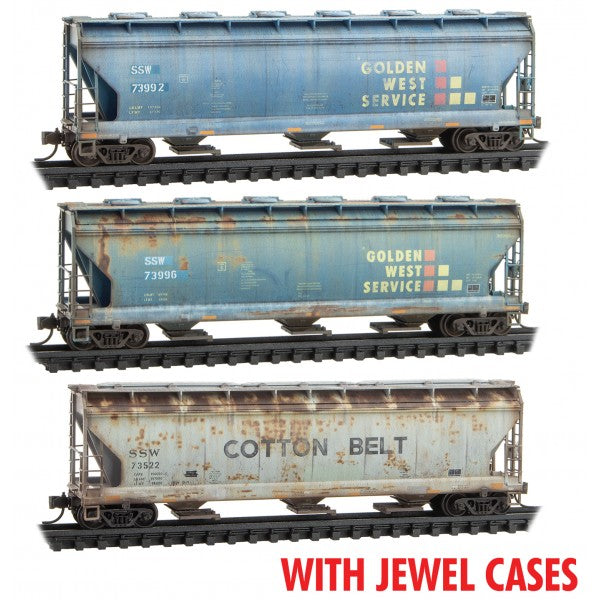 Micro Trains N Scale Cotton Belt Weathered 3 Bay Covered Hoppers 3-Pack JEWEL CASE