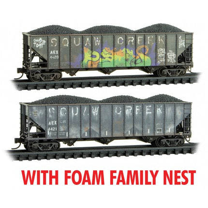 Micro Trains N Scale AEX Squaw Creek Weathered Hoppers FOAM 2 Pack RD# AEX 4420, 4421