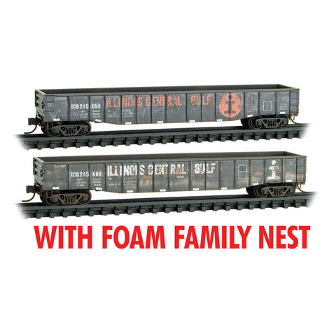 Micro Trains Line N Illinois Central Gulf 50' Steel Side Gondola weathered 2-Pack FOAM RD# ICG 245056, 245669