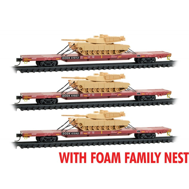 Micro Trains N Scale DODX Abrams Tank Flat Cars 3 Pack