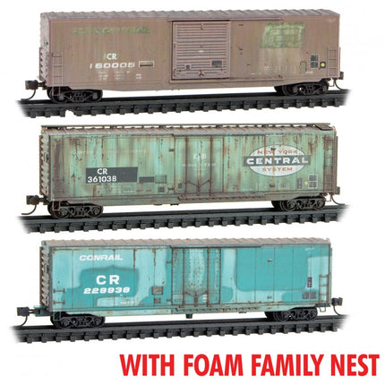 Micro Trains N Scale Weathered Conrail Boxcar Three Pack - Foam Nest