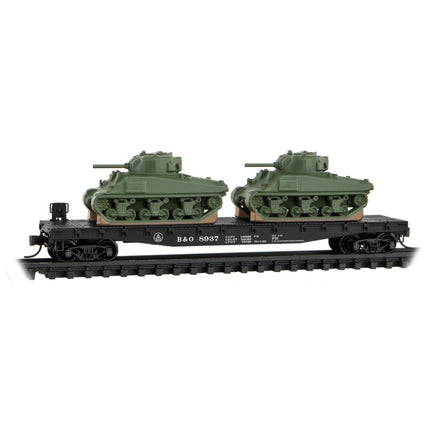 Micro Trains N Scale50' Flat Car w/ Sherman Tanks FOAM 3-PACK Baltimore & Ohio (B&O) 8937, 8943, 8952 Rel. 06/23