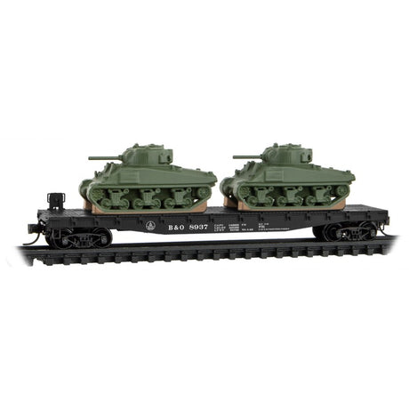 Micro Trains N Scale50' Flat Car w/ Sherman Tanks FOAM 3-PACK Baltimore & Ohio (B&O) 8937, 8943, 8952 Rel. 06/23
