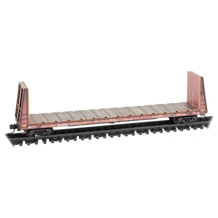 Micro Trains N Scale 61' Standard Bulkhead Flat Car Weathered Foam 3-Pack BNSF 545129, 545293, 545404 - Rel. 6/23