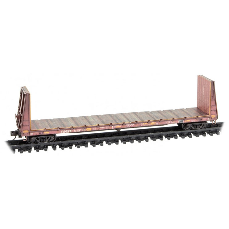 Micro Trains N Scale 61' Standard Bulkhead Flat Car Weathered Foam 3-Pack BNSF 545129, 545293, 545404 - Rel. 6/23