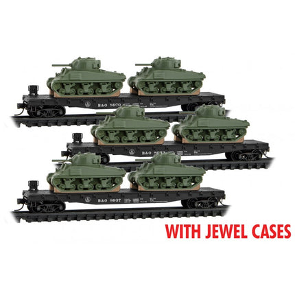 Micro Trains N Scale 50' Flat Car w/ Sherman Tanks Jewel Case 3-Pack Baltimore & Ohio (B&O) 8937, 8943, 8952 - Rel. 06/23