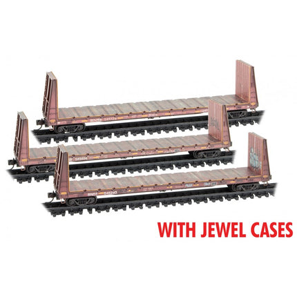 Micro Trains N Scale 61' Standard Bulkhead Flat Car Weathered Jewel 3-Pack BNSF 545129, 545293, 545404- Rel. 6/23