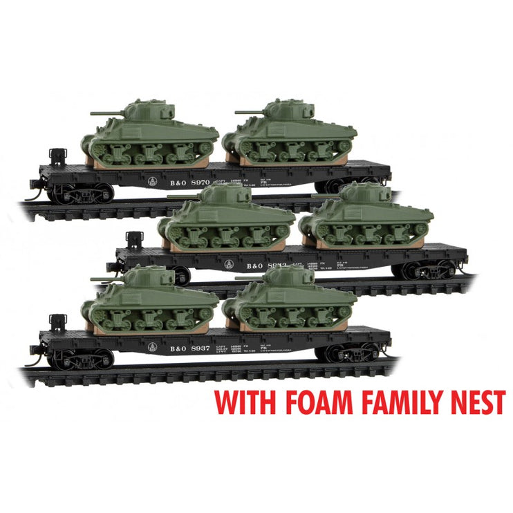 Micro Trains N Scale50' Flat Car w/ Sherman Tanks FOAM 3-PACK Baltimore & Ohio (B&O) 8937, 8943, 8952 Rel. 06/23