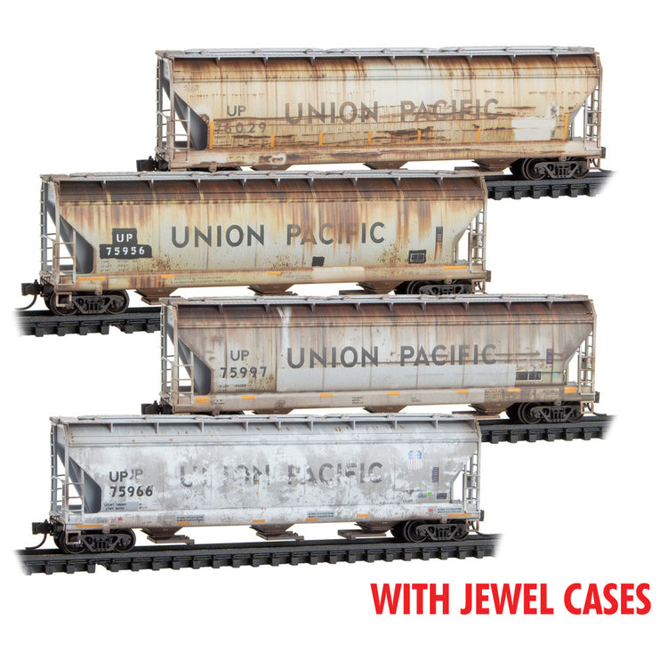 Micro Trains N Scale Union Pacific Weathered 3-Bay Covered Hopper 4-Pack JEWEL Case RD# UP 75966, 75997, 75956, 76029