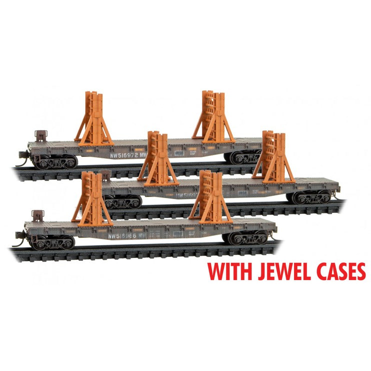 Micro Trains N Scale 50' Flatcar Weathered w/Ribbon Rail Rack Kit Norfolk Southern Set #1 3 Pack Jewel Cases