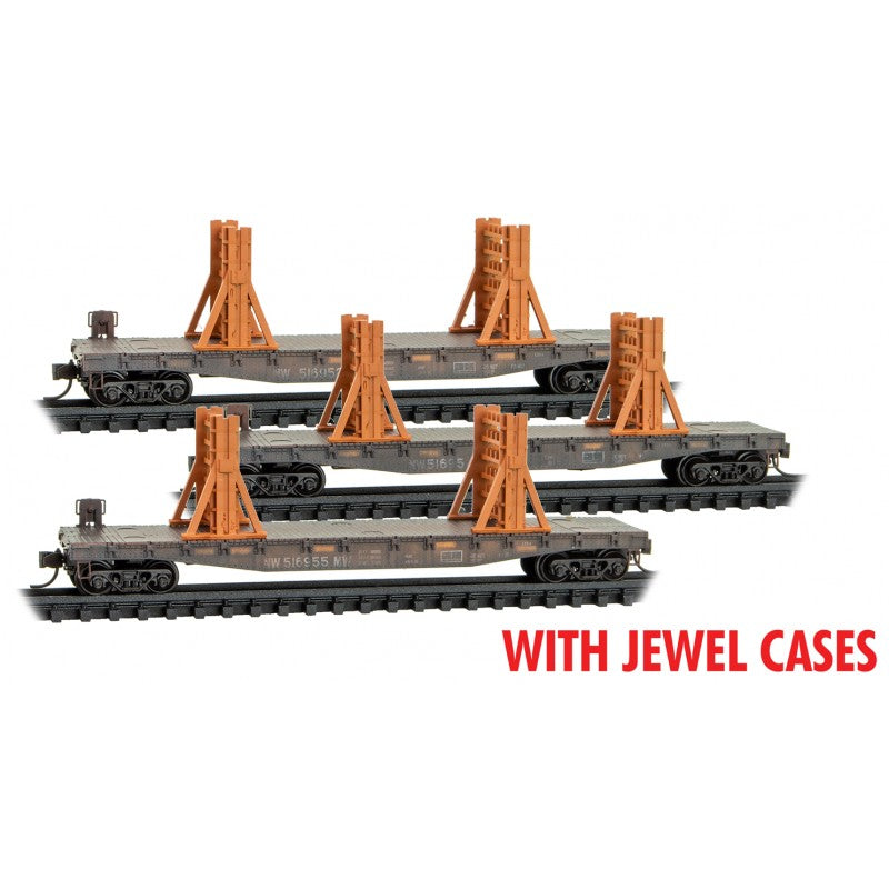 Micro Trains N Scale 50' Flatcar Weathered w/Ribbon Rail Rack Kit Norfolk Southern Set #2 3 Pack Jewel Cases