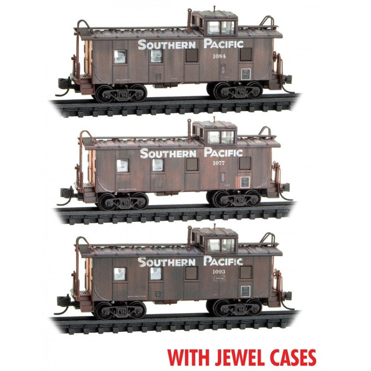 Micro Trains Line N Scale 36' Riveted Steel Cupola Caboose Weathered Southern Pacific 3 Pack  Jewel Cases