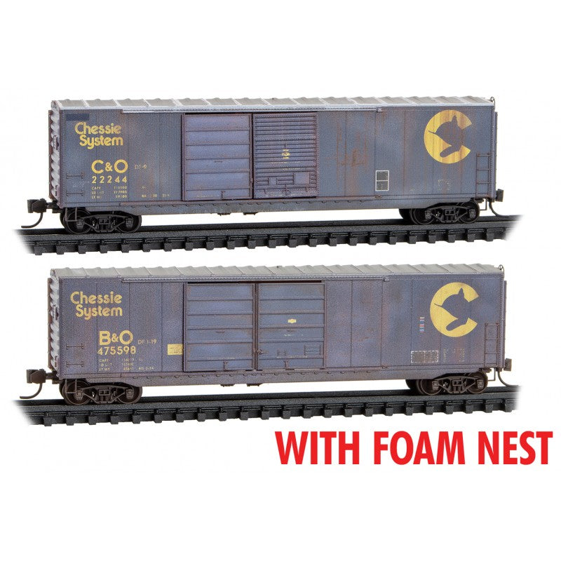 Micro Trains  N Scale 50' Double-Door Boxcar Weathered Chessie System 2 Pack - Foam Nest