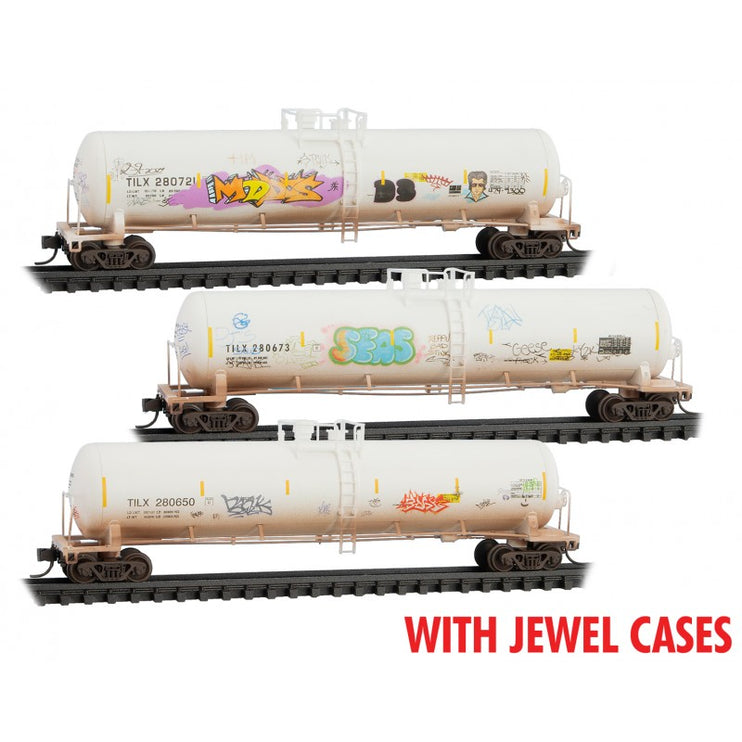 Micro Trains N Scale 56' General Service Tank Car 3-pack weathered w/ Jewel Cases Trinity Industries TILX 280721, 280673, 280650