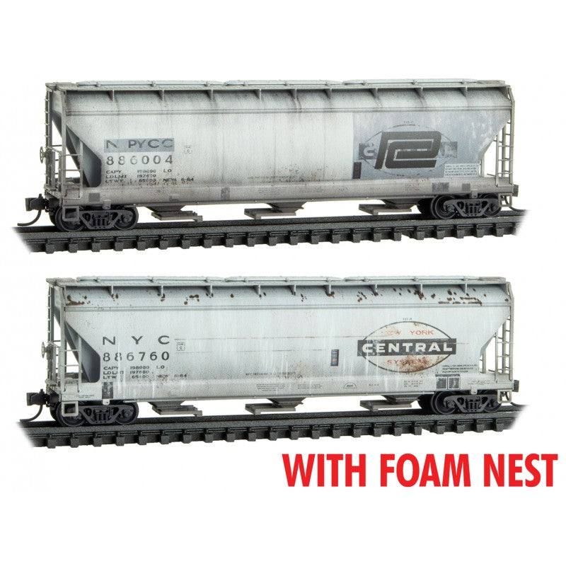 Micro Trains N Scale Conrail ex Penncentral Weathered 3 Bay Covered Hoppers Two Pack Foam Case