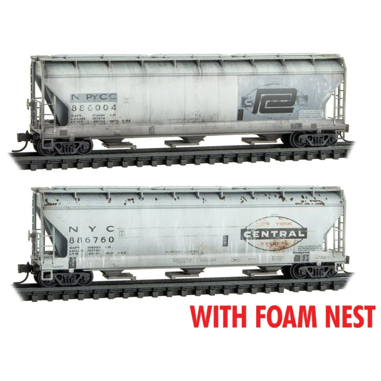 Micro Trains N Scale Conrail ex Penncentral Weathered 3 Bay Covered Hoppers Two Pack Jewel  Case