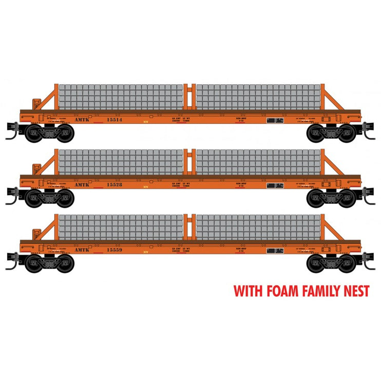 Micro Trains N Scale Amtrak MOW Orange Cement Tie Cars with Load 3 Pack Foam Case