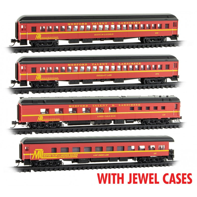 Micro Trains Line N Scale Medford, Talent & Lakecreek Dinner Excursion Pack 4-car RD# MTL 157, 129, 269, 272