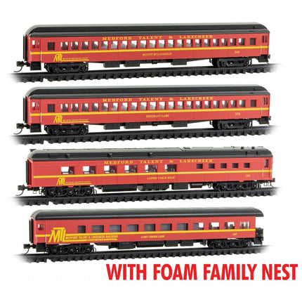 Micro Trains Line N Scale Medford, Talent & Lakecreek Dinner Excursion Foam Family Nest Pack 4-car RD# MTL 157, 129, 269, 272