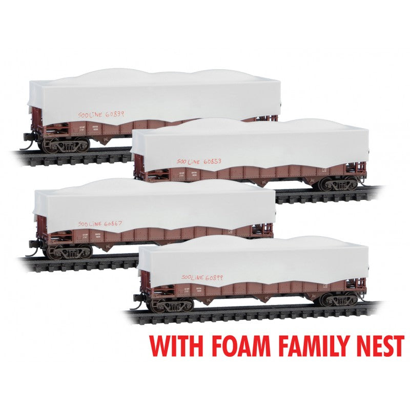 Micro Trains Line N Scale Canadian Pacific 100 Ton 3 Bay Rib Side Hopper with Tarps Foam Family Nest RD# CP SOO 60839, 60853, 60867, 60899