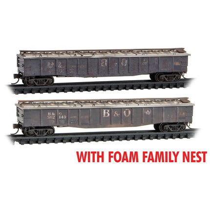 Micro Trains Line N 50' Steel Side Gondola with cover Baltimore & Ohio weathered 2-Pack Foam Family Nest RD# B&O 362026, 262149