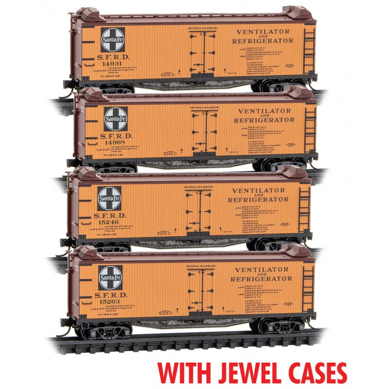 Micro Trains Line N Scale 40' Double-Sheathed Wood Side Reefer 4-Pack Atchison, Topeka and Santa Fe Jewel Cases RD#s ATSF 14931, 14968, 15246, 15263
