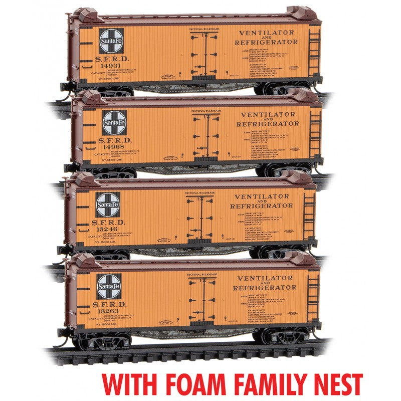 Micro Trains Line N Scale 40' Double-Sheathed Wood Side Reefer 4-Pack Atchison, Topeka and Santa Fe FOAM Family Nest RD#s ATSF 14931, 14968, 15246, 15263