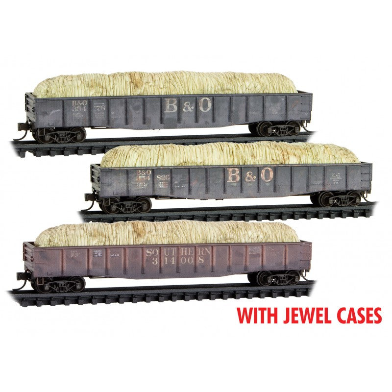 Micro Trains Line N 50'6" Steel Side Gondola Baltimore & Ohio/Southern with Hay Load weathered 3 Pack Jewel Case RD# 354178, 354820, 314008