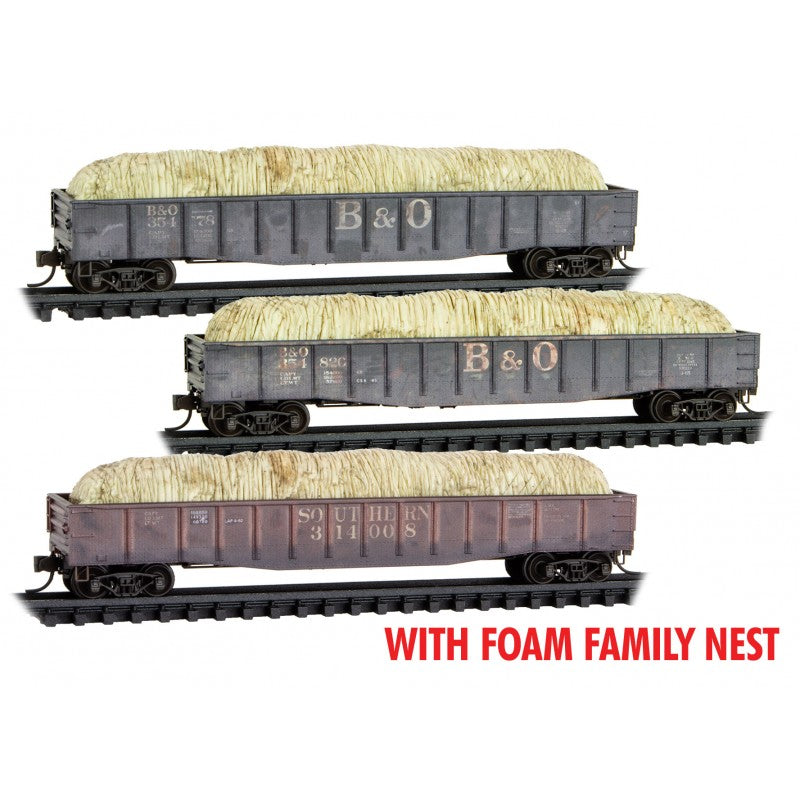 Micro Trains Line N 50'6" Steel Side Gondola Baltimore & Ohio/Southern with Hay Load weathered 3 Pack Foam Family Nest RD# 354178, 354820, 314008