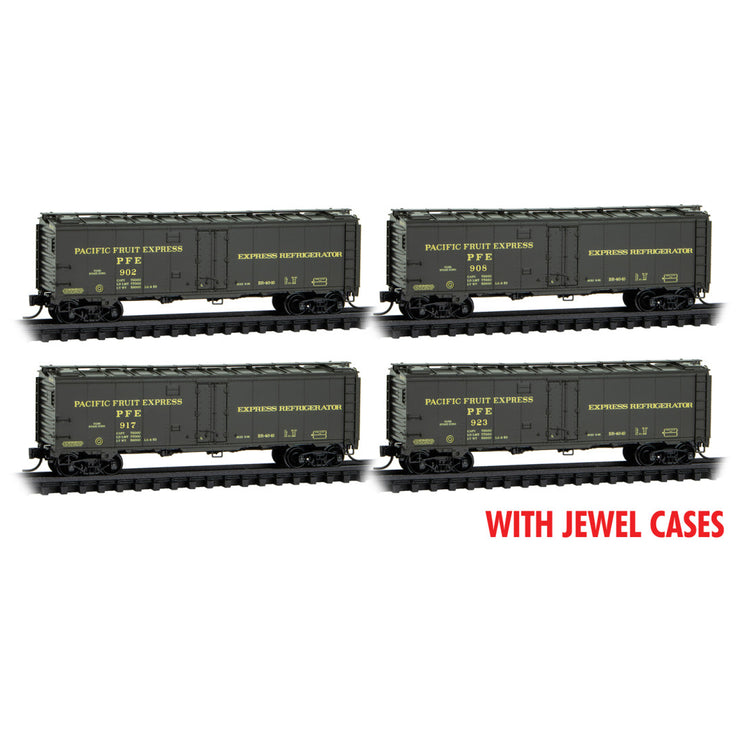 Micro Trains N Scale Pacific Fruit Express 40' Steel Ice Reefer 4 pk Jewel Cases RD# PFE 902, 908, 917, 923