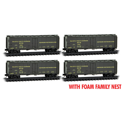 Micro Trains N Scale Pacific Fruit Express 40' Steel Ice Reefer 4 pk Foam Family Nest RD# PFE 902, 908, 917, 923