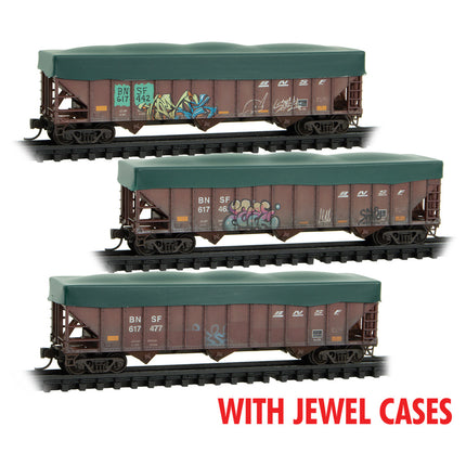 Micro Trains N Scale BNSF 3-bay Hoppers with Tarp JEWEL CASES RD# 617442, 617462, 617477