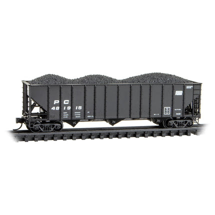 Micro Trains Line N Scale Penn Central 100-Ton 3-bay Open hopper Rib Sides, w/ Coal Load RD# PC 481915