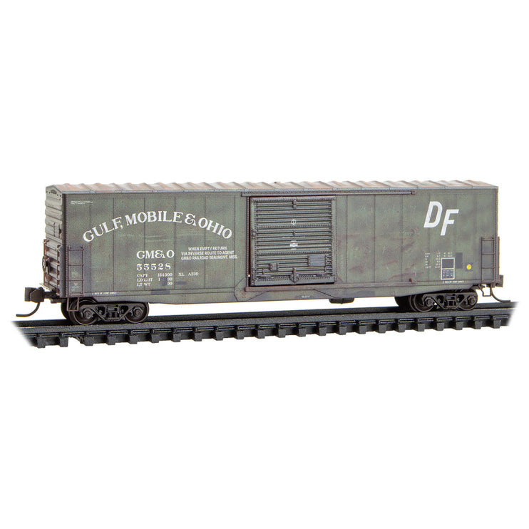 Micro Trains N Gulf, Mobile & Ohio 50' Standard Box Car Weathered 2-Pack With Jewel Cases RD# GM&O 55528, 56881 | Fusion Scale Hobbies